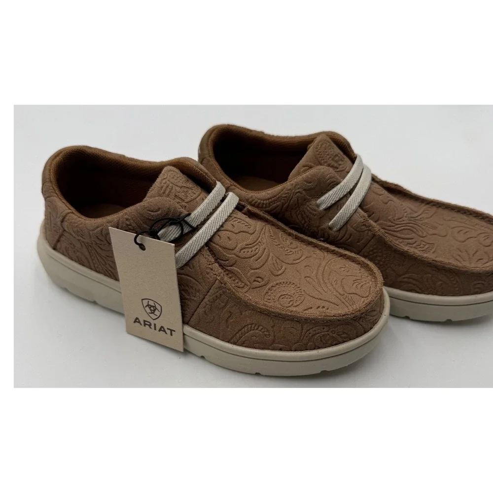 Ariat Hilo Kids Youth 12 Tan Floral Emboss Leather Slip On Shoes NWT